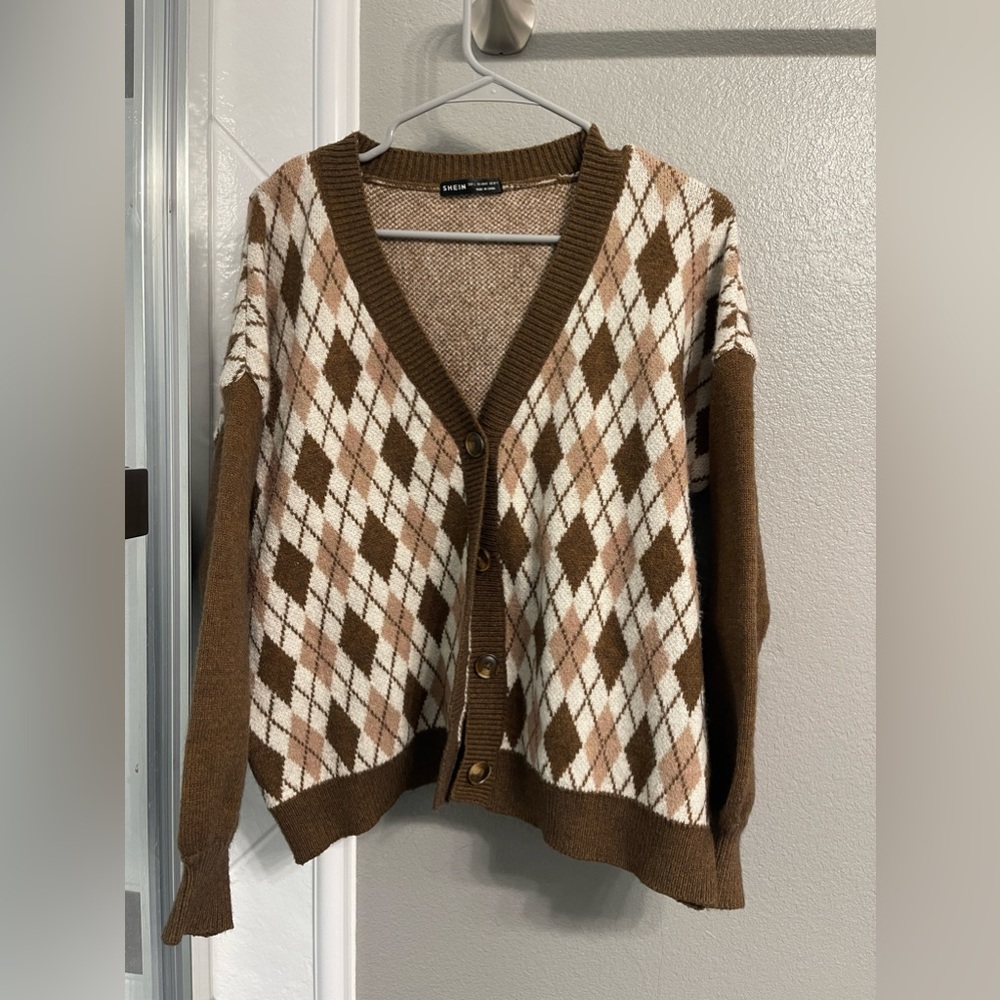 Shein Knit Cardigan Sweater - Brown, Cream (L)